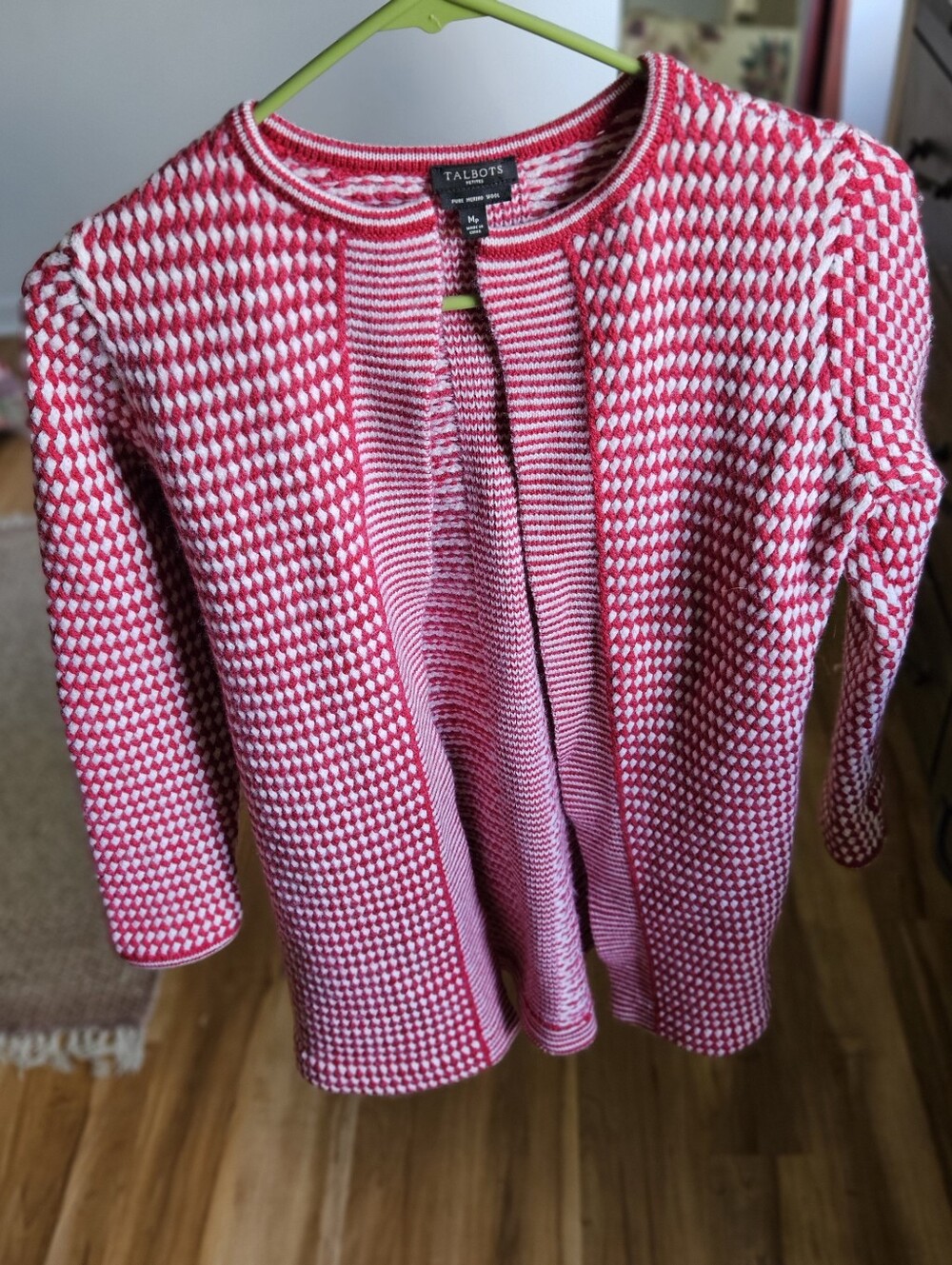 Merino Wool Red & White Knitted Open-Front Cardigan